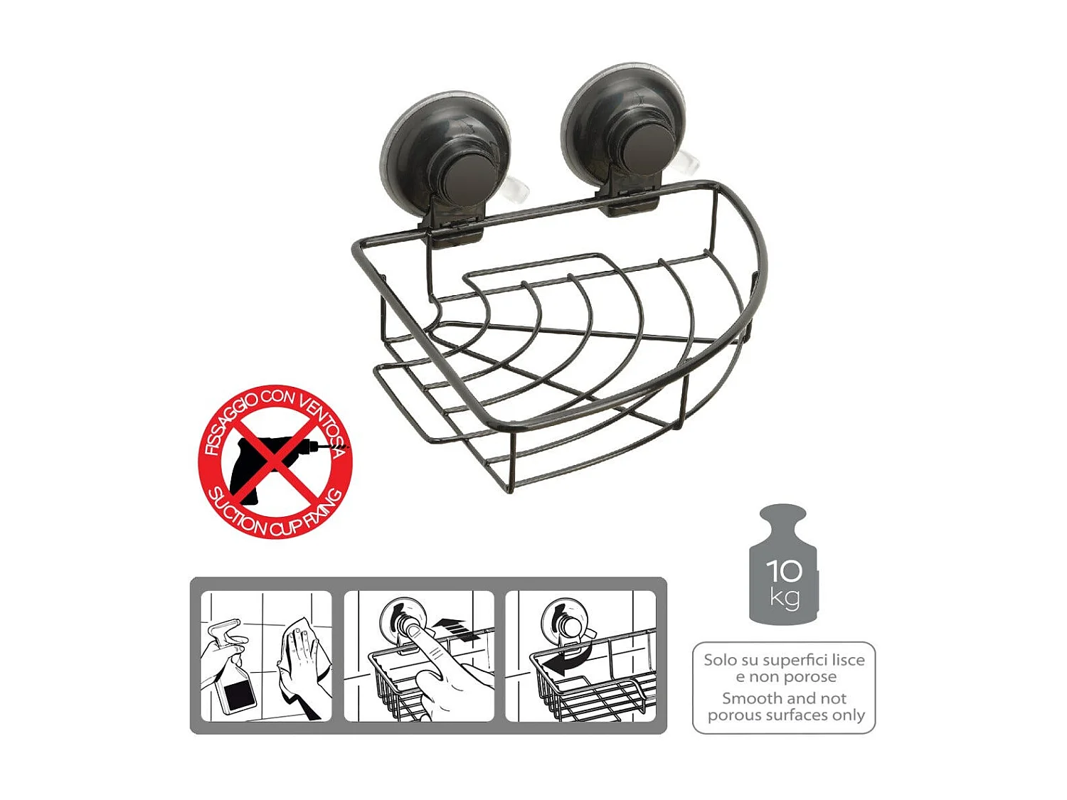 Support De Douche D'angle Noir Avec Ventouse | Menta