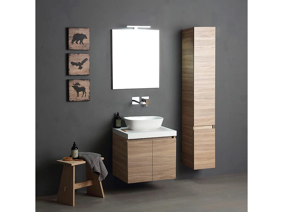 Mueble De Salle De Bain 60Cm Chêne Naturel Avec Lavabo Rond Et Colonne | Valentina