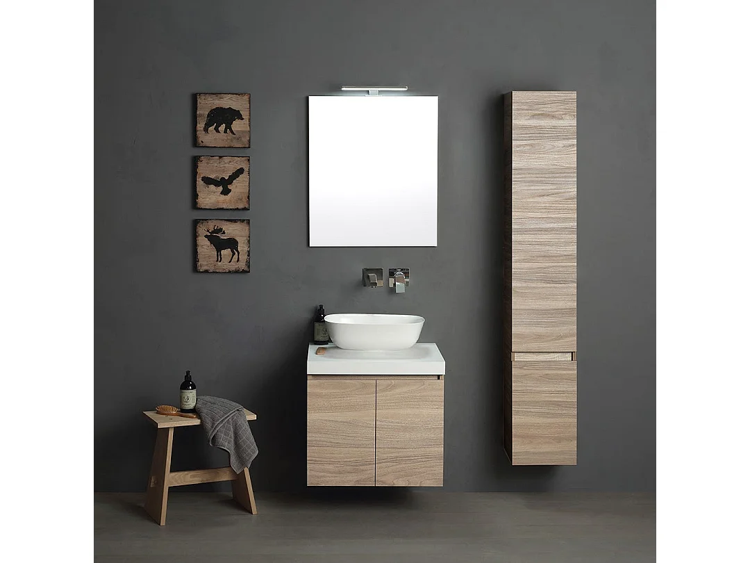 Mueble De Salle De Bain 60Cm Chêne Naturel Avec Lavabo Rond Et Colonne | Valentina