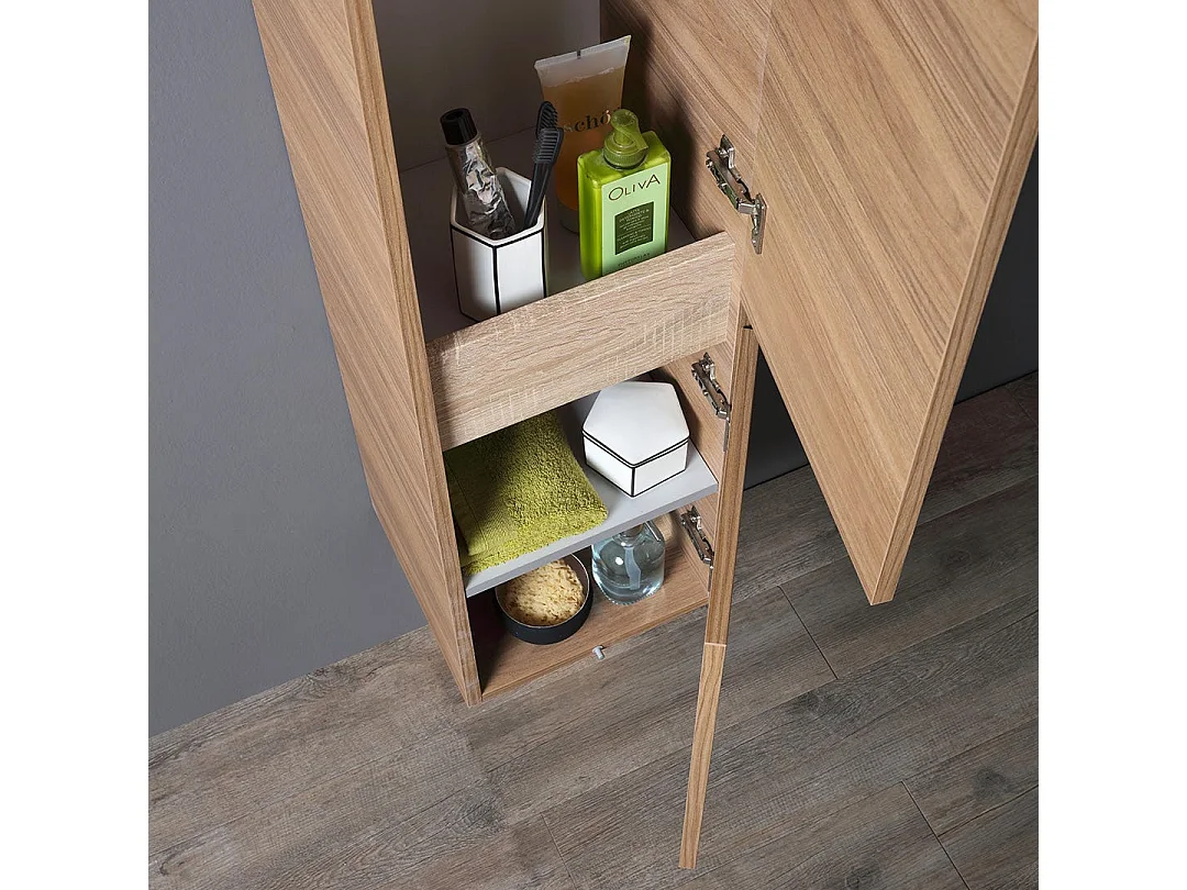 Mueble De Salle De Bain 60Cm Chêne Naturel Avec Lavabo Rond Et Colonne | Valentina