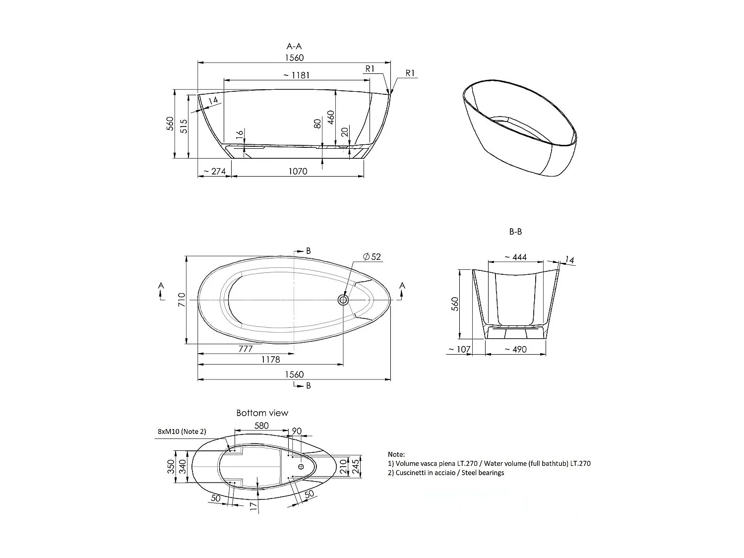 Baignoire En Marbre Recomposé Blanc 150X70x56 Cm |  Rachele
