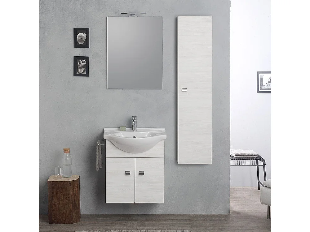 Meuble De Salle De Bains Suspendu Avec Armoire, Miroir Et Colonne En Chêne Blanc