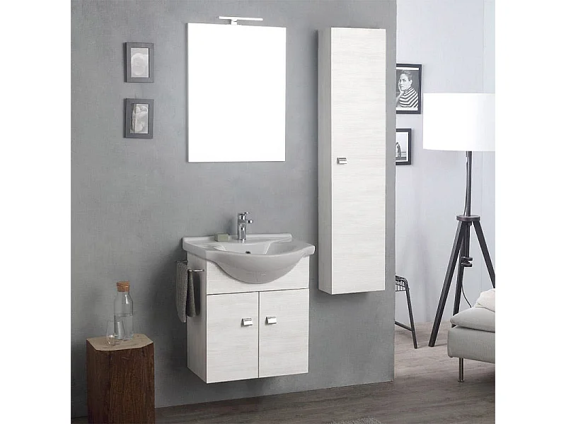Meuble De Salle De Bains Suspendu Avec Armoire, Miroir Et Colonne En Chêne Blanc