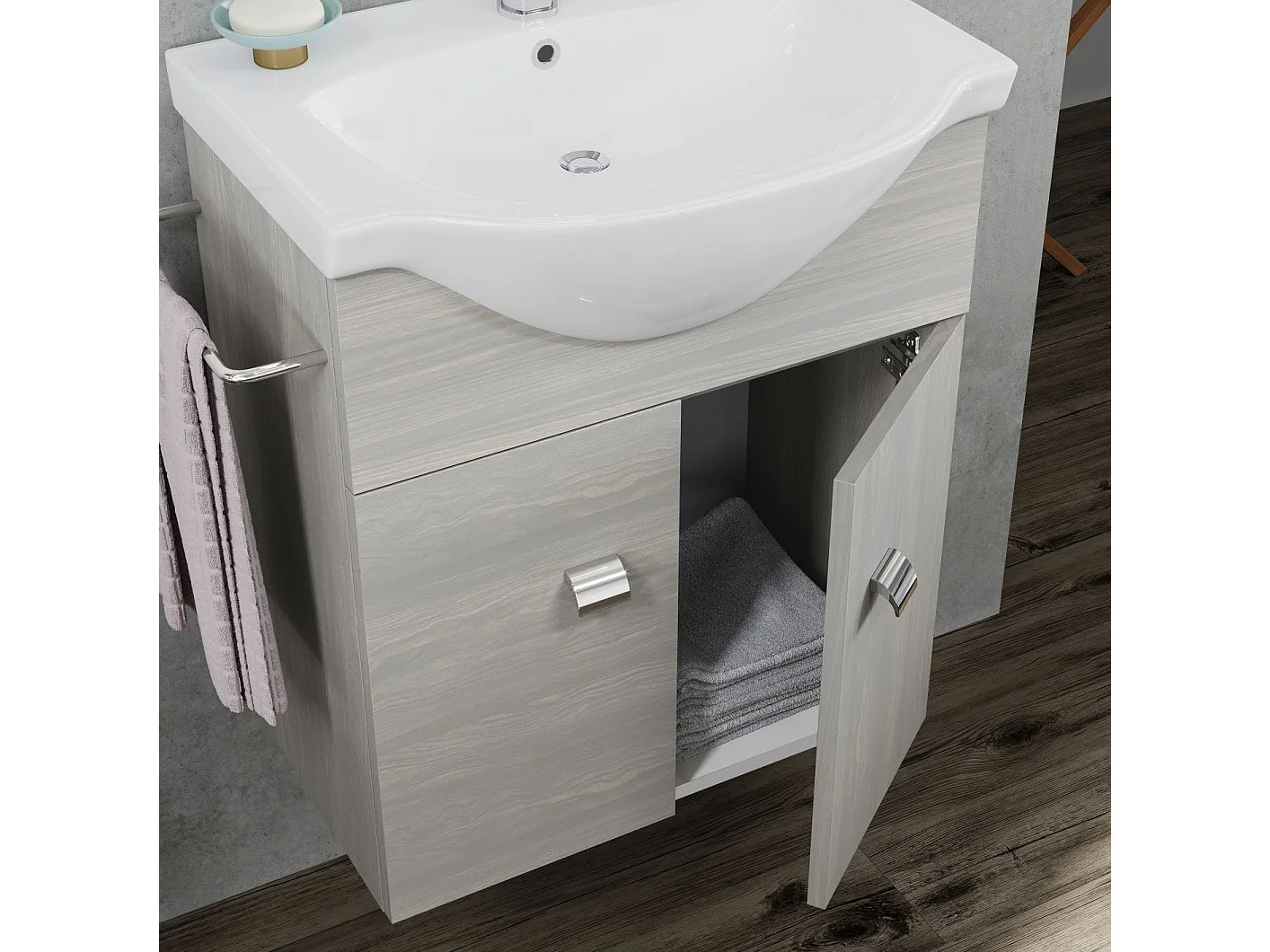 Ensemble De Salle De Bain Suspendu 56,5Cm Gris Et Barre Porte-Serviettes | Facile