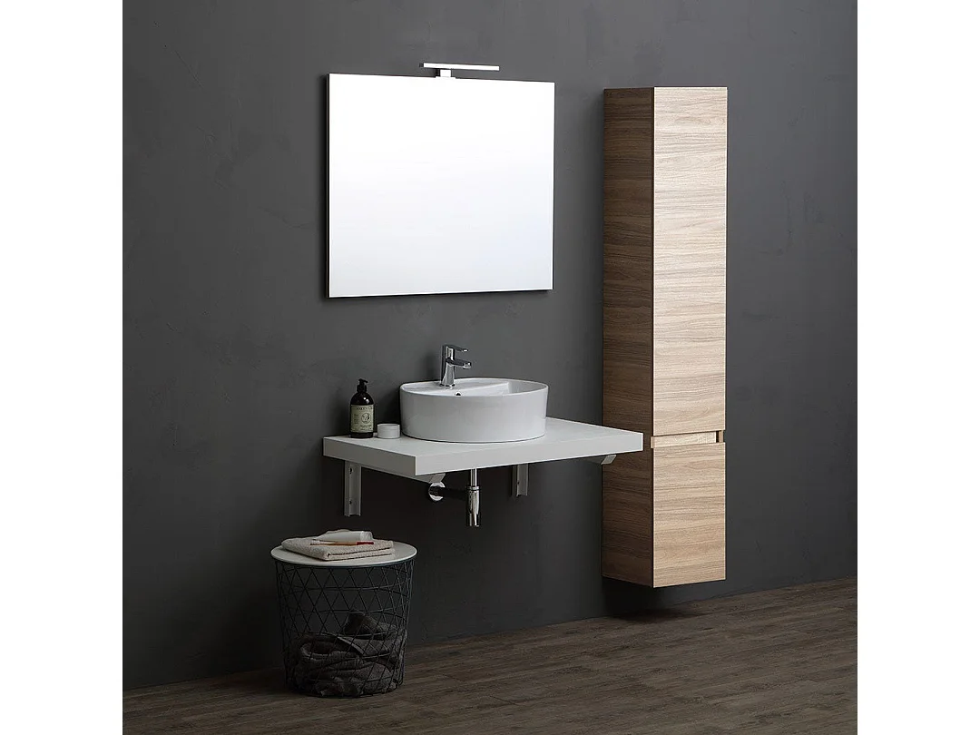Meuble De Salle De Bain 90Cm Blanc Avec Plateau Et Colonne En Chêne Naturel | Valentina