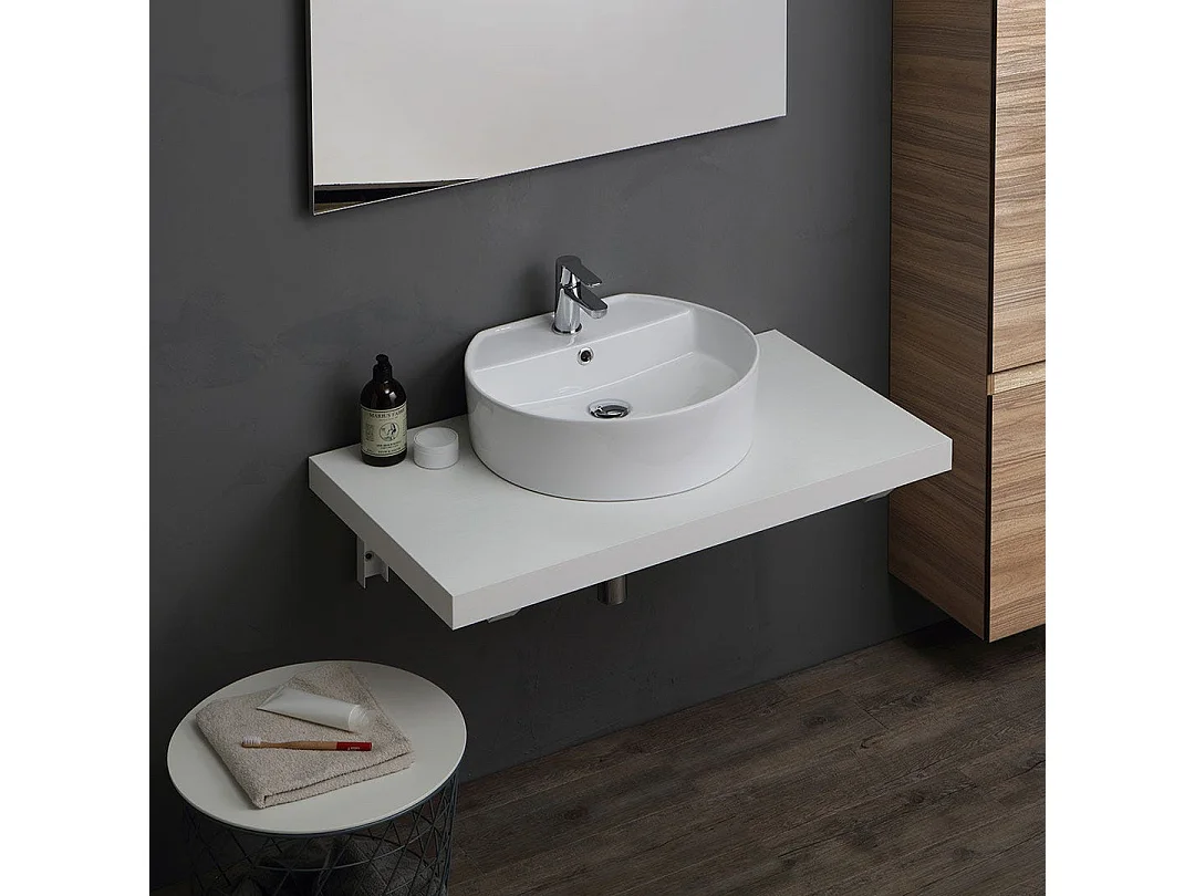 Meuble De Salle De Bain 90Cm Blanc Avec Plateau Et Colonne En Chêne Naturel | Valentina