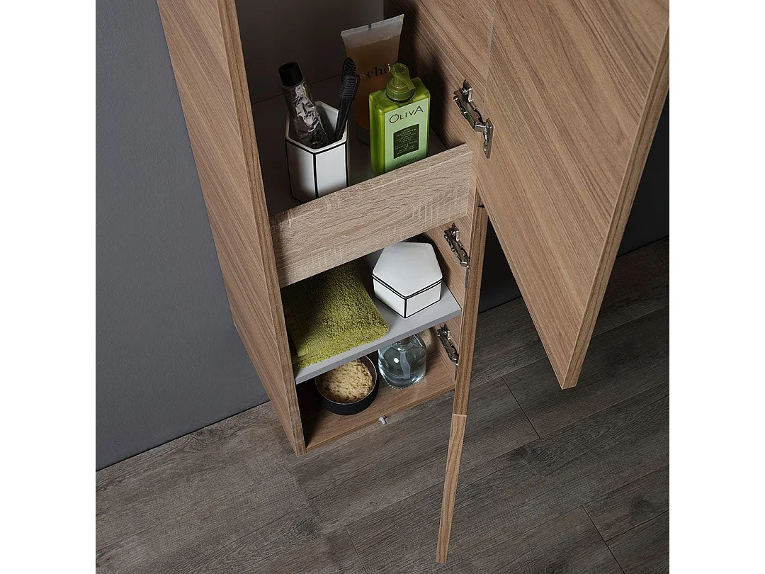 Meuble De Salle De Bain 90Cm Blanc Avec Plateau Et Colonne En Chêne Naturel | Valentina