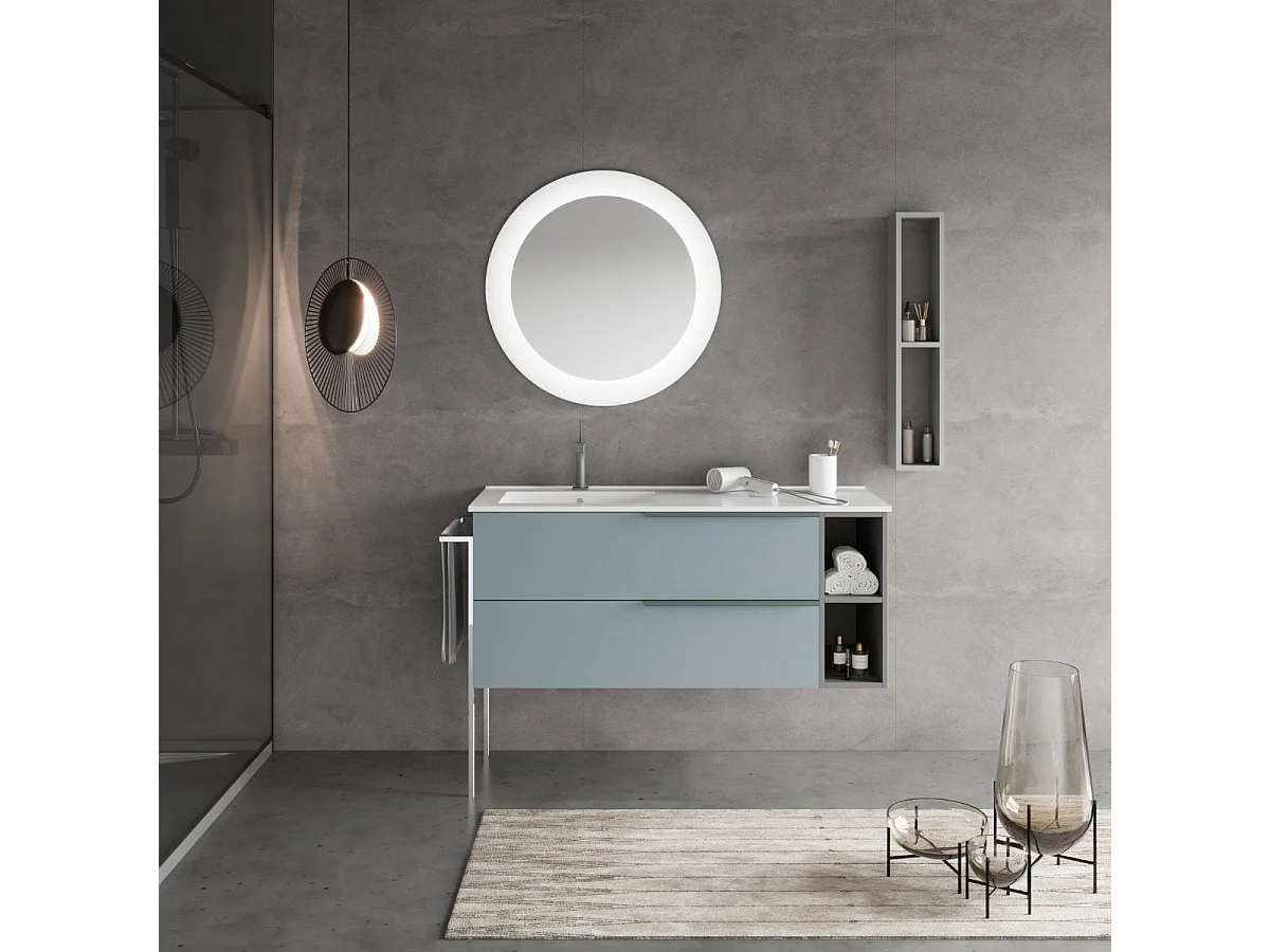 Armoire De Salle De Bain Murale 120Cm Bleu Ciel, Lavabo, Miroir Rond | New York