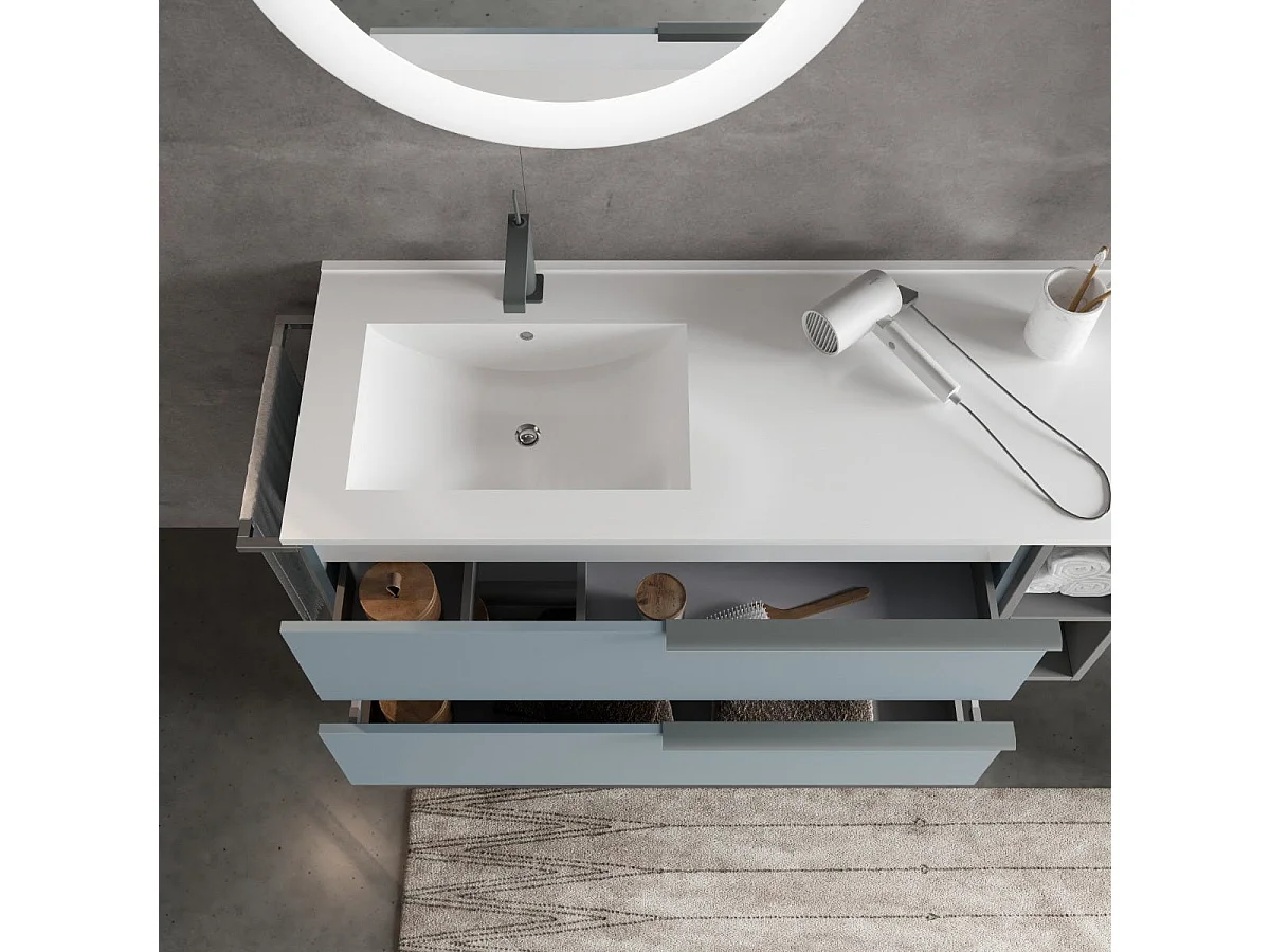 Armoire De Salle De Bain Murale 120Cm Bleu Ciel, Lavabo, Miroir Rond | New York
