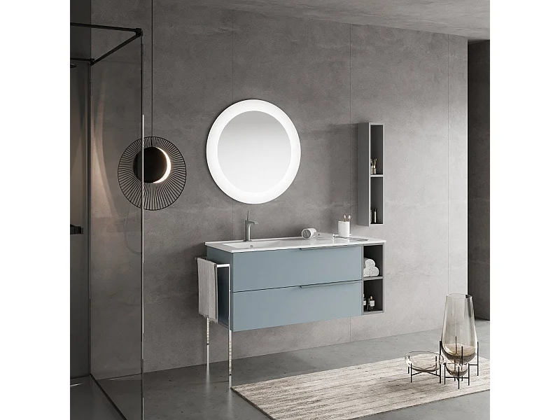 Armoire De Salle De Bain Murale 120Cm Bleu Ciel, Lavabo, Miroir Rond | New York
