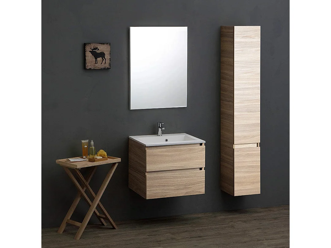 Mueble De Salle De Bains Suspendu 60Cm 2 Tiroirs Chêne Naturel | Valentina