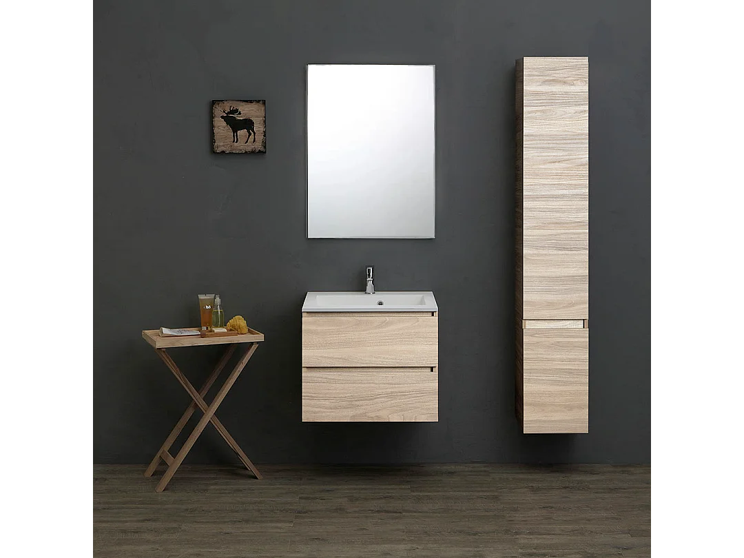 Mueble De Salle De Bains Suspendu 60Cm 2 Tiroirs Chêne Naturel | Valentina