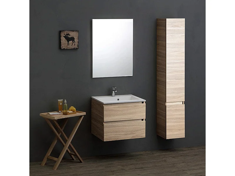 Mueble De Salle De Bains Suspendu 60Cm 2 Tiroirs Chêne Naturel | Valentina
