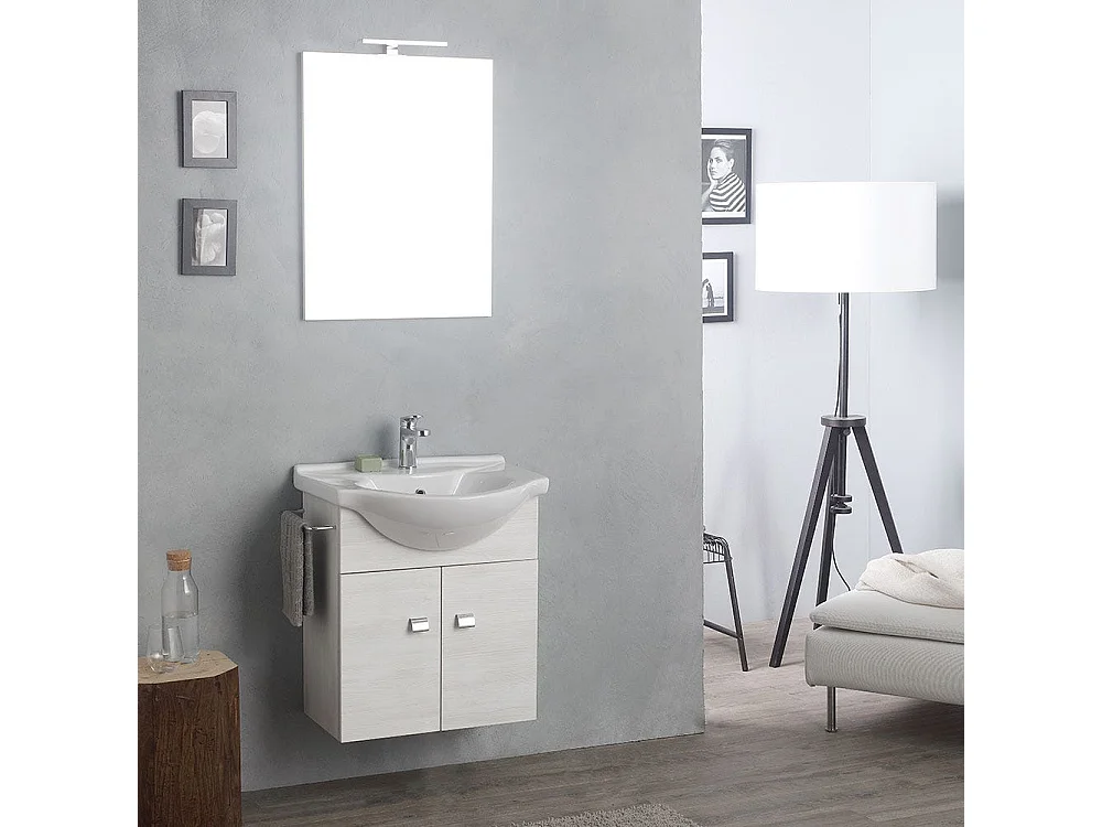 Armoire Murale 58Cm Avec Lavabo, Miroir Et Série Easy Chêne Blanc Clair
