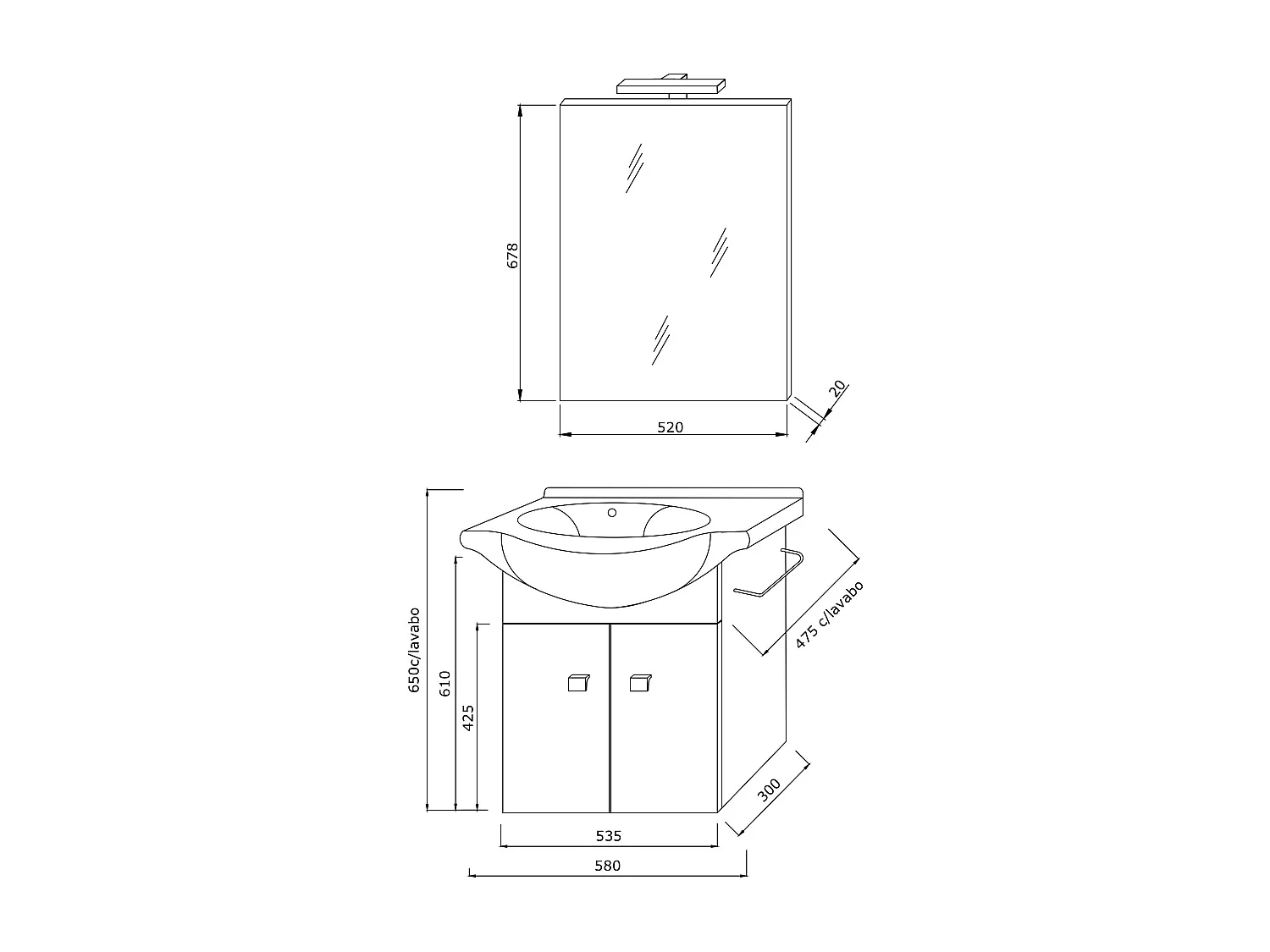 Armoire Murale 58Cm Avec Lavabo, Miroir Et Série Easy Chêne Blanc Clair