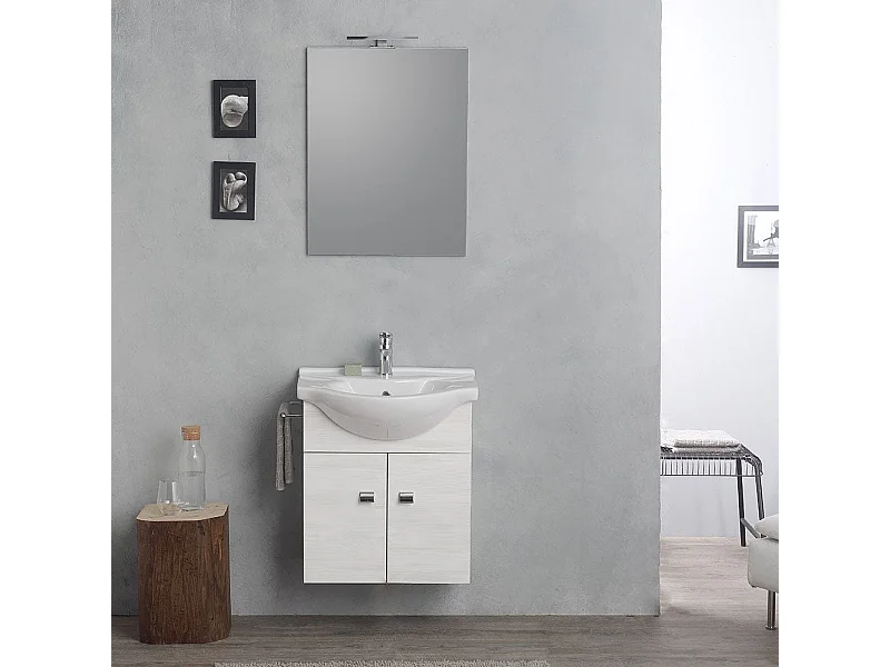 Armoire Murale 58Cm Avec Lavabo, Miroir Et Série Easy Chêne Blanc Clair