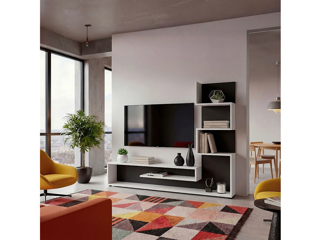 Mueble de salón Moobi en color blanco artik negro y medidas 160 x 124 cm Blanco Artik (Blanco Mate) - Negro