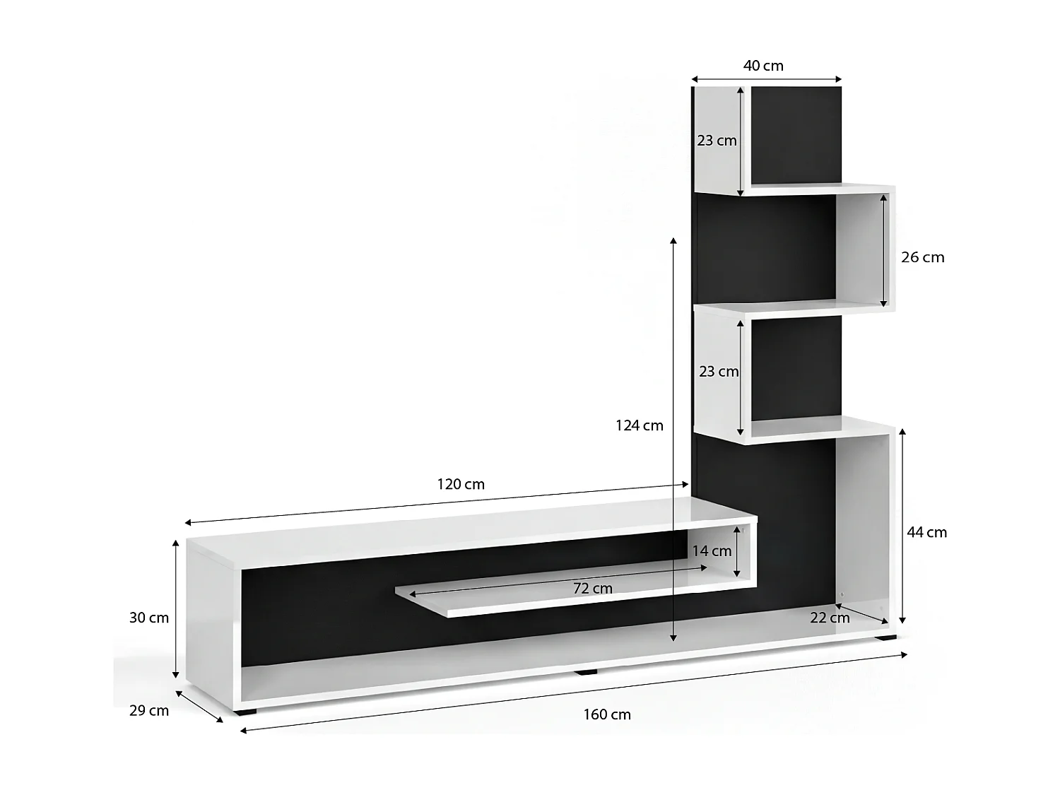 Mueble de salón Moobi en color blanco artik negro y medidas 160 x 124 cm Blanco Artik (Blanco Mate) - Negro