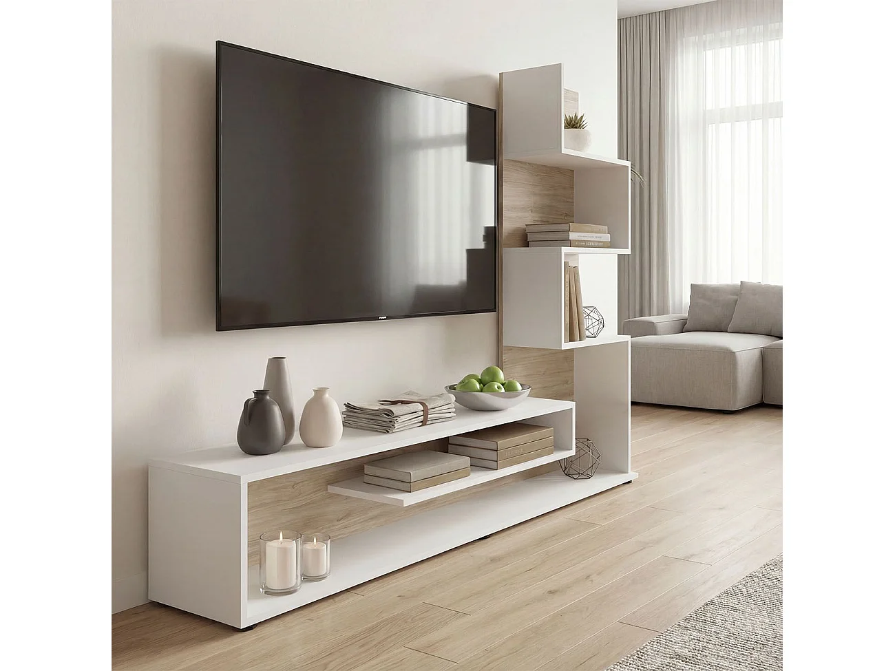 Mueble de salón Moobi en color blanco artik roble canadian y medidas 160 x 124 cm Blanco Artik (Blanco Mate) - Roble Canadian