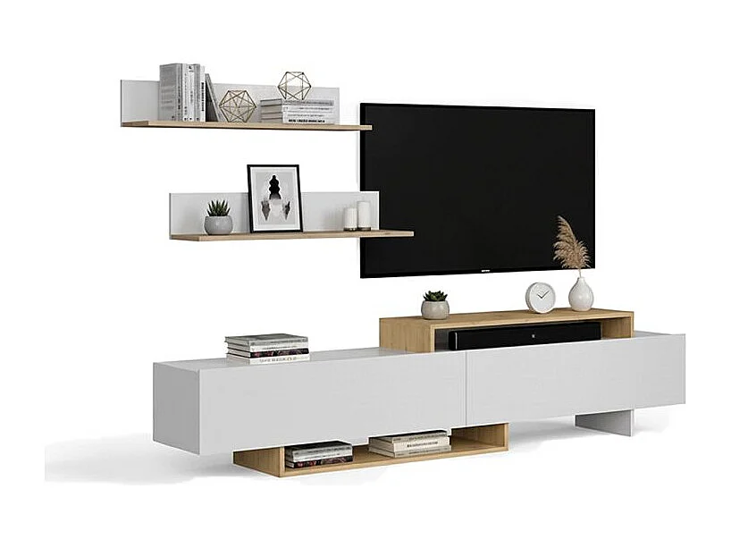 Salón Bender con mueble TV y estanterías blanco artik alpino 200 cm Blanco Artik (Blanco Mate) - Alpino