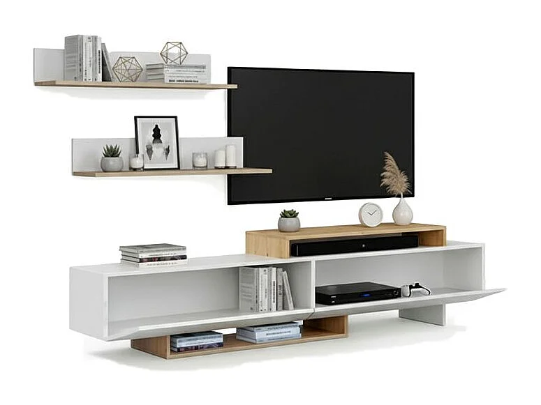 Salón Bender con mueble TV y estanterías blanco artik alpino 200 cm Blanco Artik (Blanco Mate) - Alpino