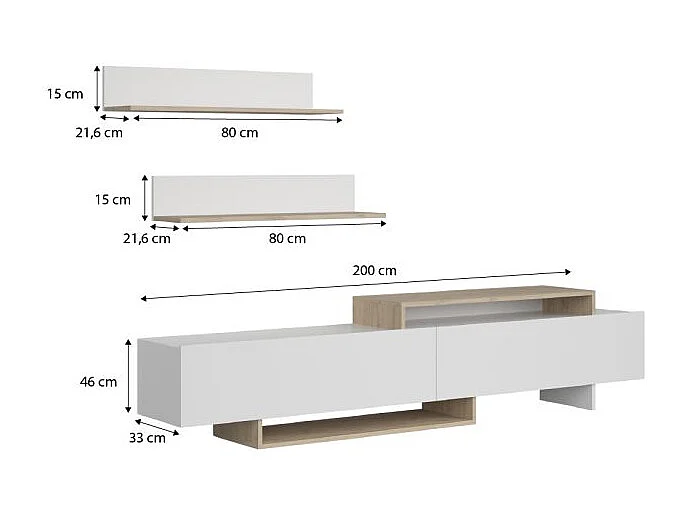 Salón Bender con mueble TV y estanterías blanco artik alpino 200 cm Blanco Artik (Blanco Mate) - Alpino