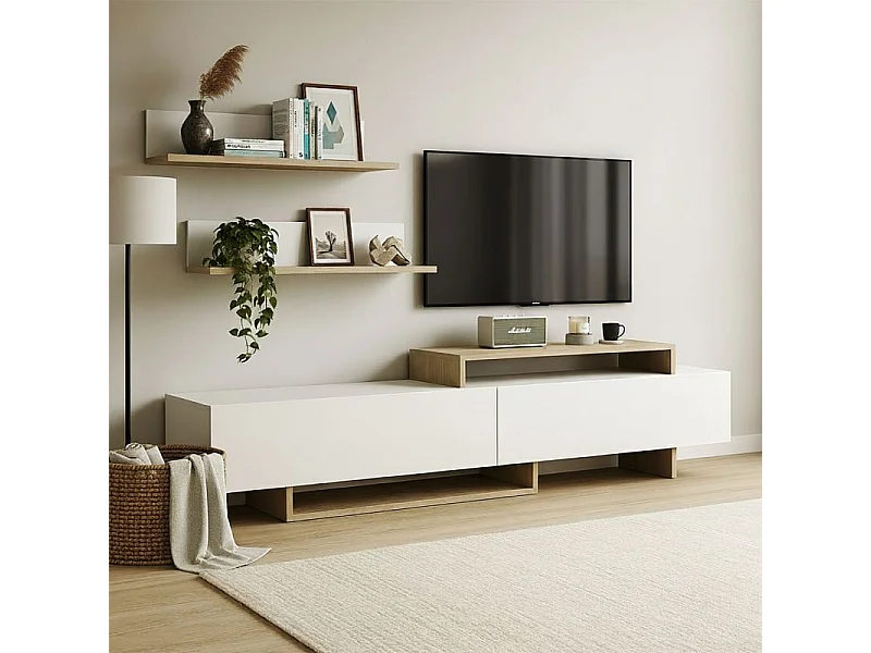 Salón Bender con mueble TV y estanterías blanco artik y alpino 200 cm Blanco Artik (Blanco Mate) - Alpino