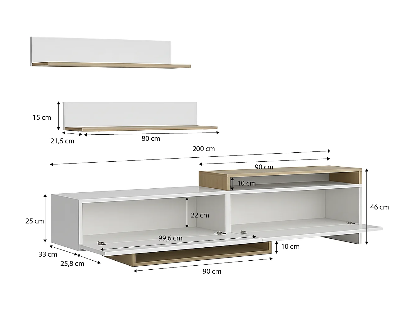 Salón Bender con mueble TV y estanterías blanco artik y alpino 200 cm Blanco Artik (Blanco Mate) - Alpino
