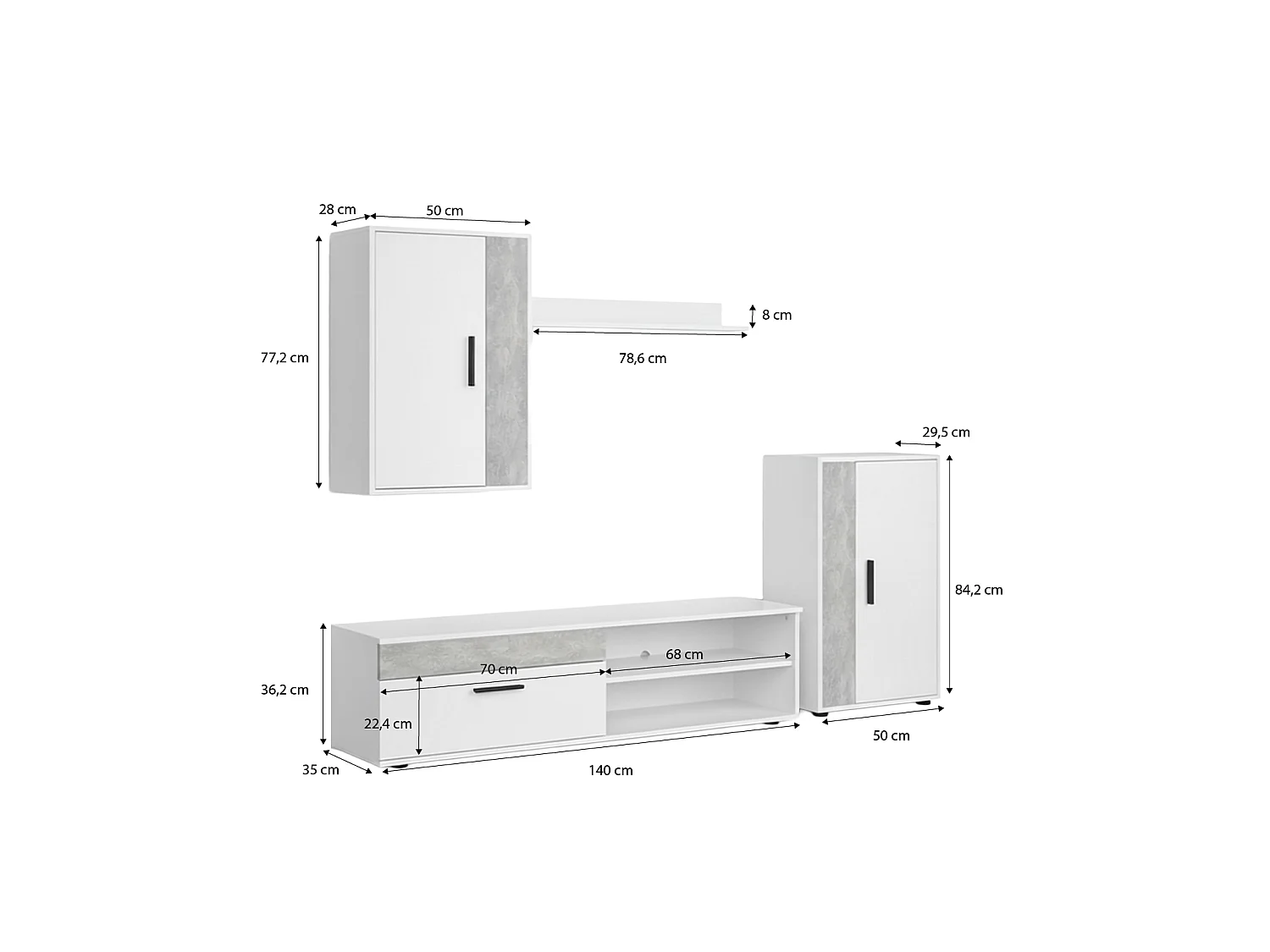 Mueble de salón modular Lunet en blanco artik microcemento 190 cm Blanco Artik (Blanco Mate) - Microcemento