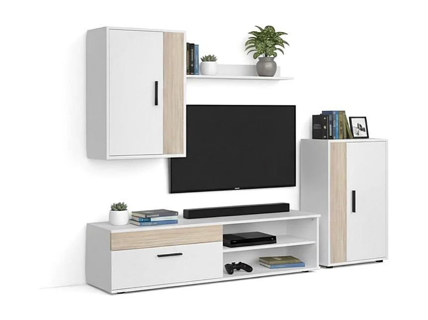 Mueble de salón modular Lunet en blanco artik roble canadian 190 cm Blanco Artik (Blanco Mate) - Roble Canadian