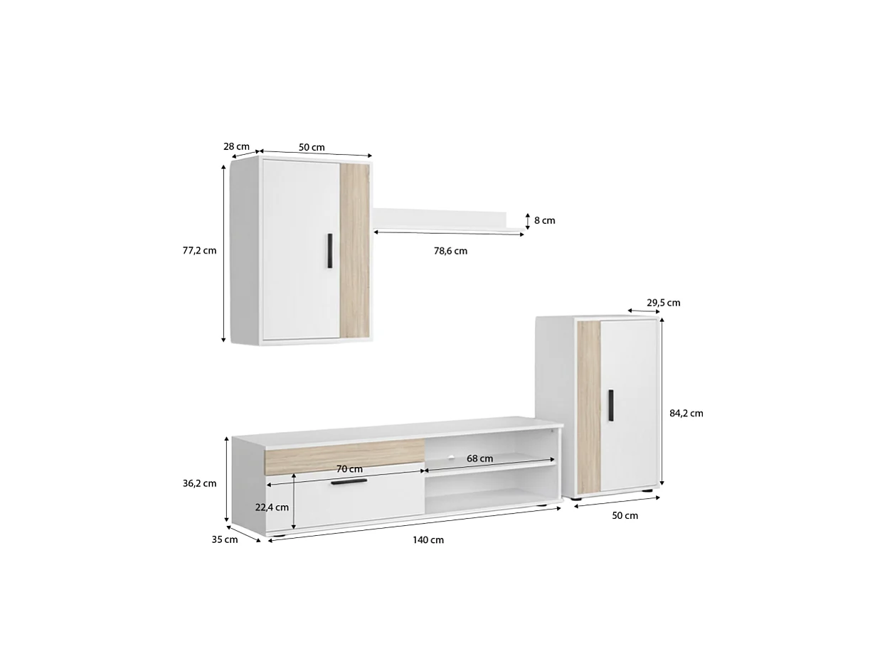 Mueble de salón modular Lunet en blanco artik roble canadian 190 cm Blanco Artik (Blanco Mate) - Roble Canadian