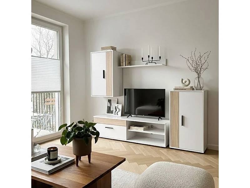 Mueble de salón modular Lunet en blanco artik roble canadian 190 cm Blanco Artik (Blanco Mate) - Roble Canadian