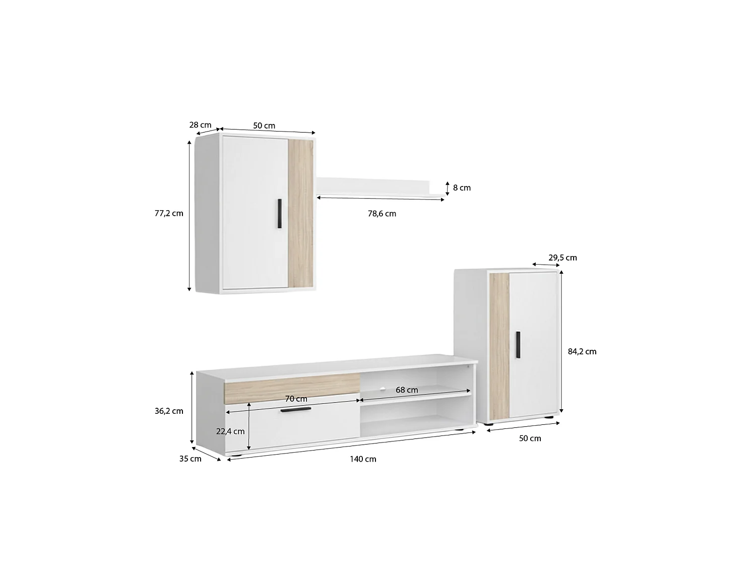 Mueble de salón modular Lunet en blanco artik roble canadian 190 cm Blanco Artik (Blanco Mate) - Roble Canadian