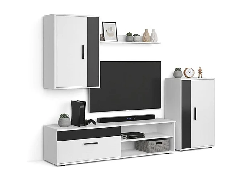 Mueble de salón modular Lunet en blanco artik negro 190 cm Blanco Artik (Blanco Mate) - Negro