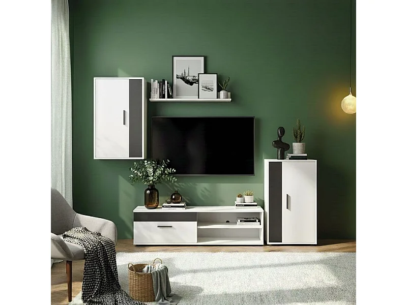 Mueble de salón modular Lunet en blanco artik negro 190 cm Blanco Artik (Blanco Mate) - Negro