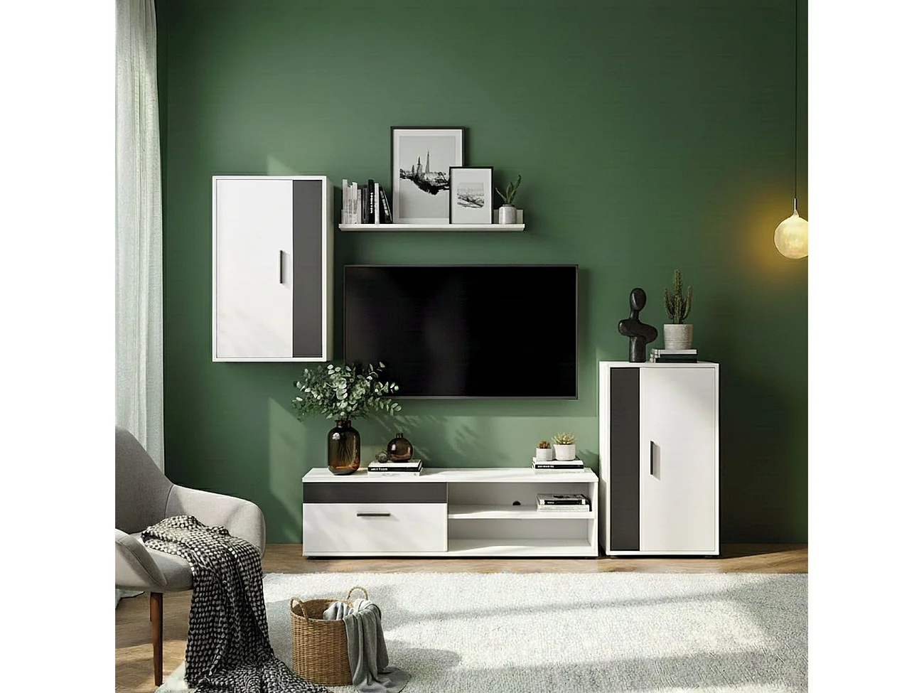 Mueble de salón modular Lunet en blanco artik negro 190 cm Blanco Artik (Blanco Mate) - Negro