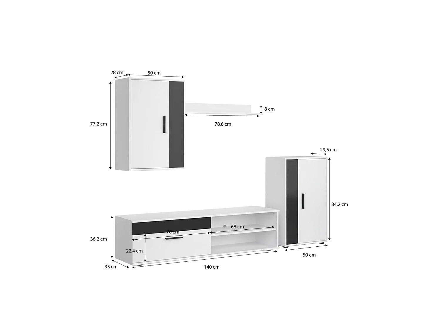 Mueble de salón modular Lunet en blanco artik negro 190 cm Blanco Artik (Blanco Mate) - Negro