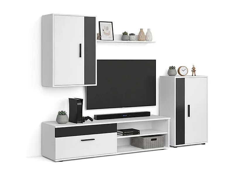 Mueble de salón modular Lunet en blanco artik negro 190 cm Blanco Artik (Blanco Mate) - Negro