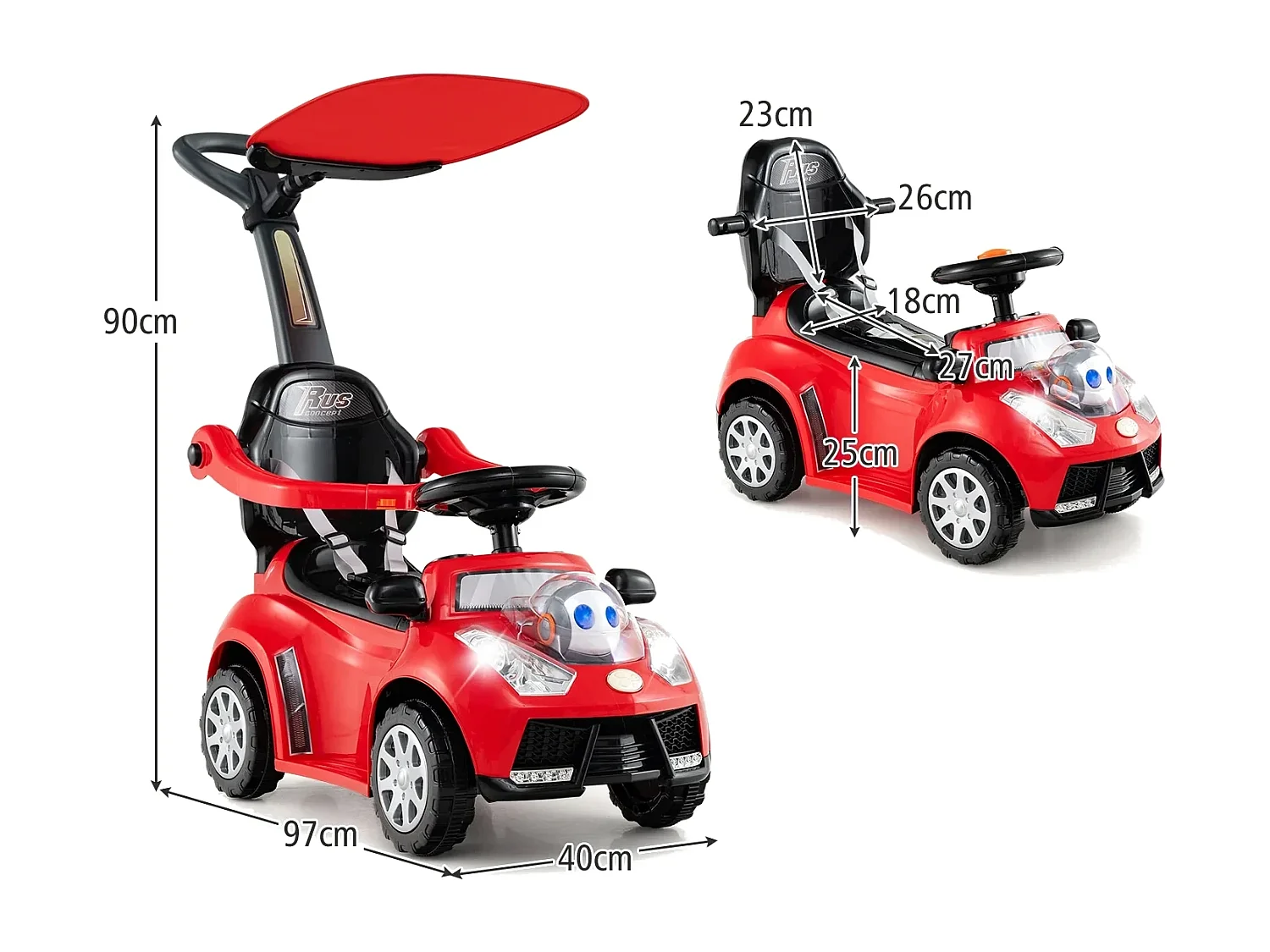 3-in-1 Rutschauto mit Schiebestange Rutschfahrzeug Schiebauto mit Stauraum Rutscher Auto Rot