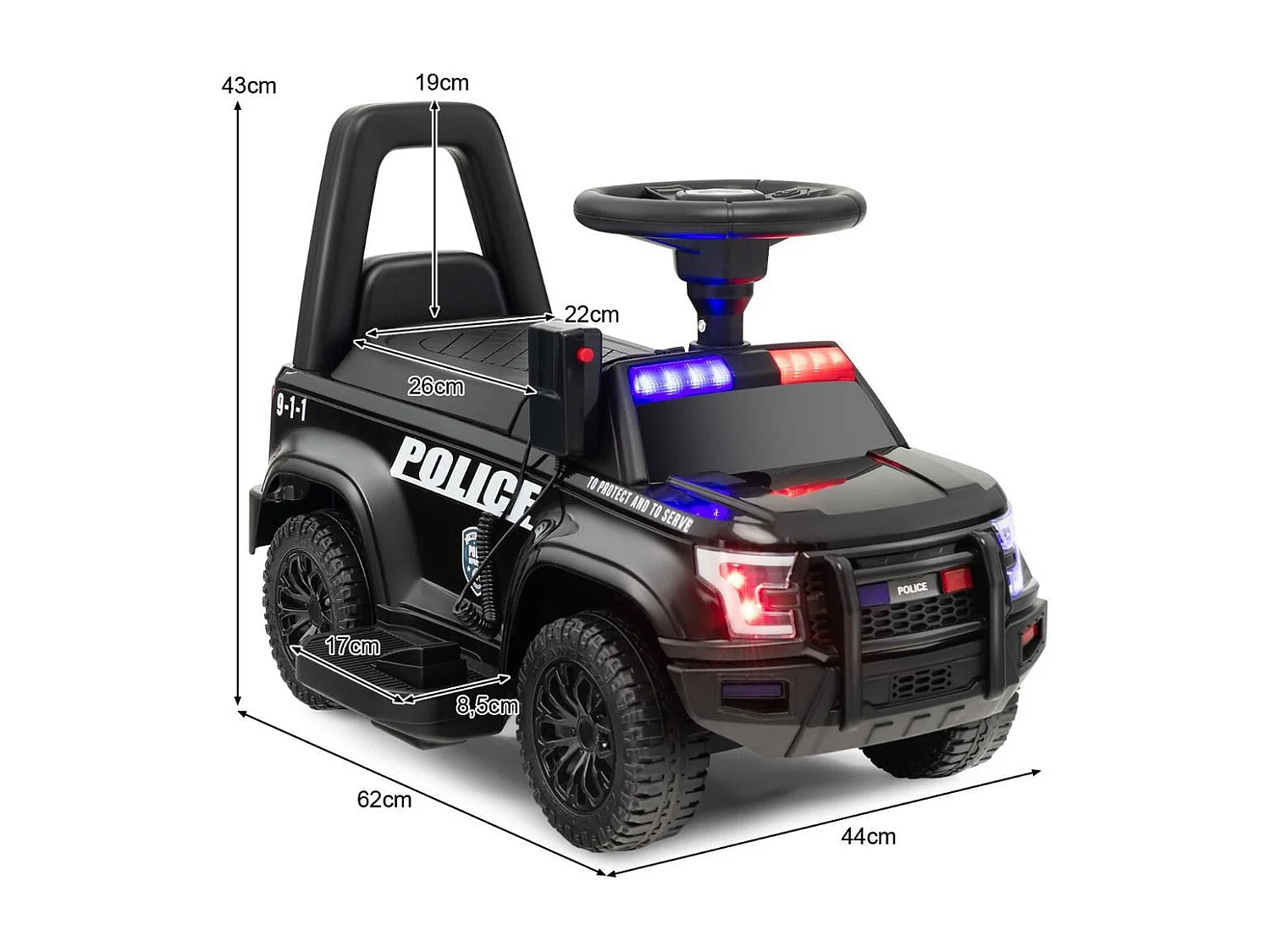 Polizeiauto für Kinder mit 6-V-Akku Kinderfahrzeug mit Megafon 62 x 44 x 43 cm Schwarz