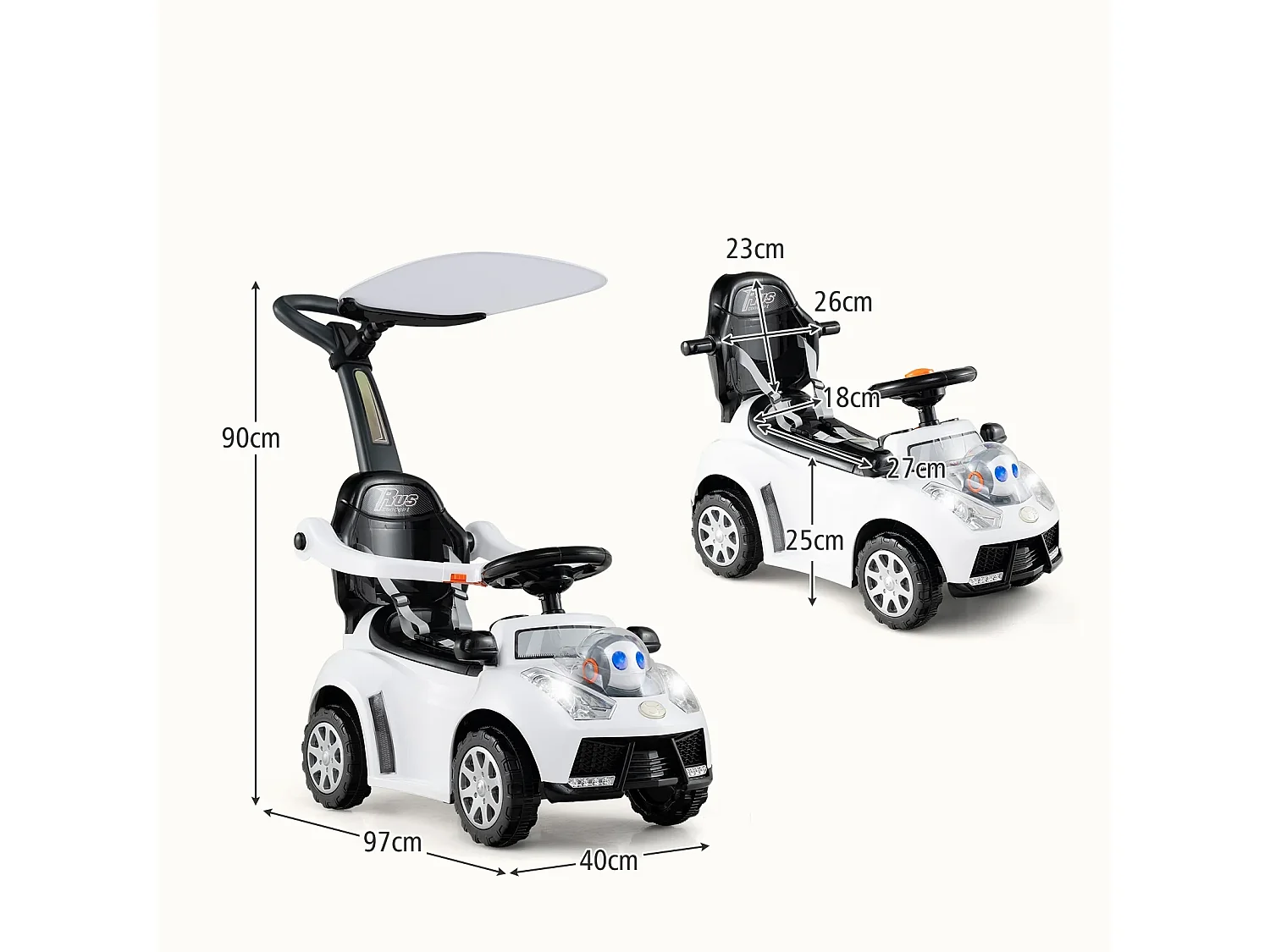 3-in-1 Rutschauto mit Schiebestange Rutschfahrzeug Schiebauto mit Stauraum Rutscher Auto Weiß