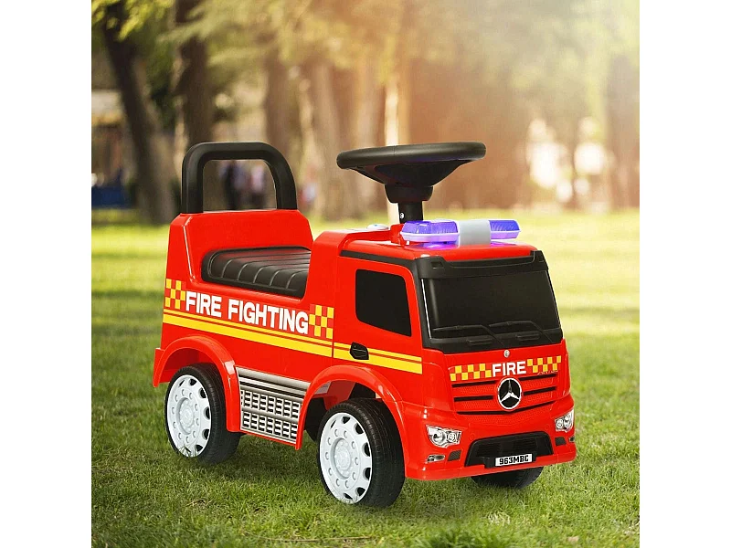 Camion dei pompieri Mercedes Benz per bambini con spazio nascosto, Macchinina a spinta e cavalcabile Rosso