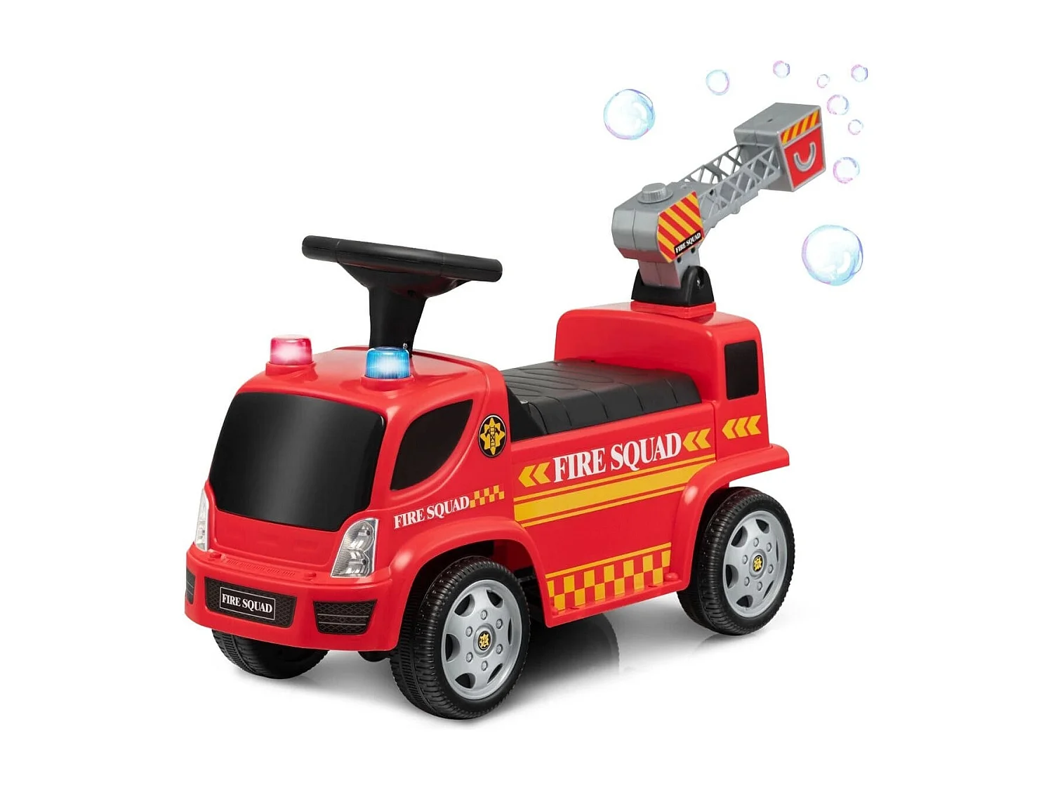 Porteur pour Enfants avec Machine à Bulles Lumineux Sirène Sonore et Musique Camion de Pompiers à Pousser Rouge