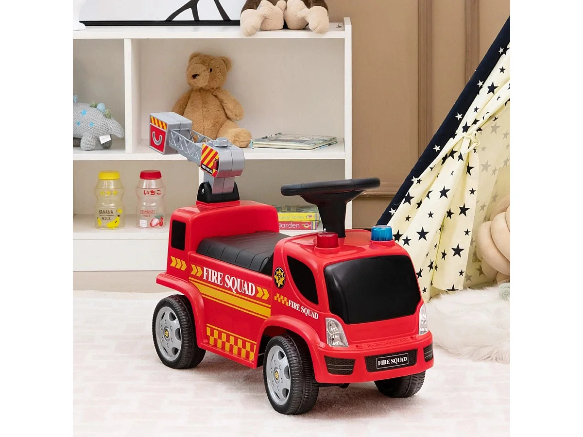 Porteur pour Enfants avec Machine à Bulles Lumineux Sirène Sonore et Musique Camion de Pompiers à Pousser Rouge