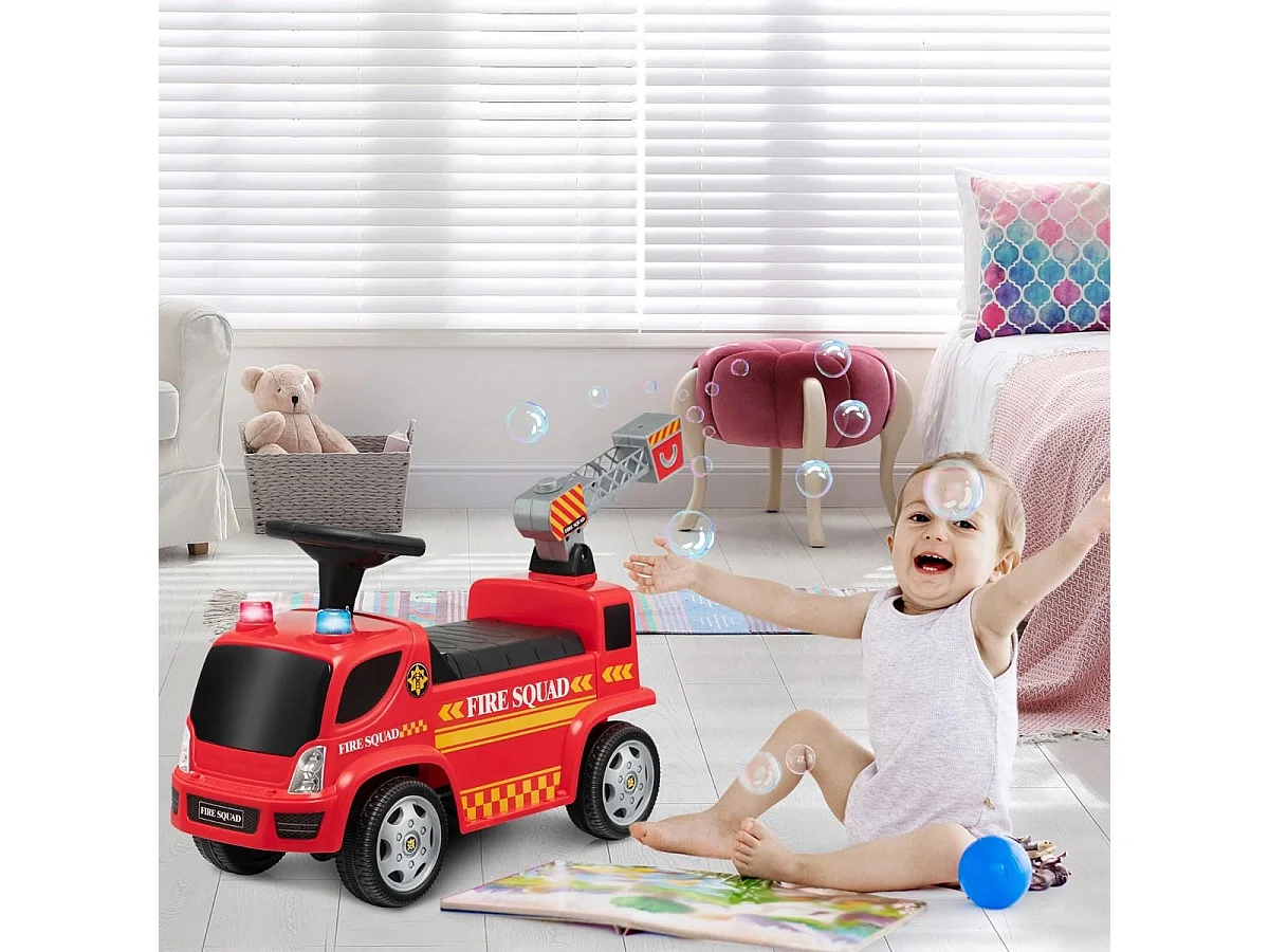 Porteur pour Enfants avec Machine à Bulles Lumineux Sirène Sonore et Musique Camion de Pompiers à Pousser Rouge