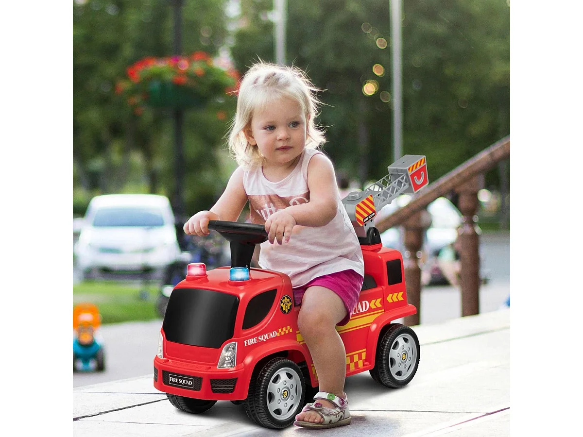 Porteur pour Enfants avec Machine à Bulles Lumineux Sirène Sonore et Musique Camion de Pompiers à Pousser Rouge