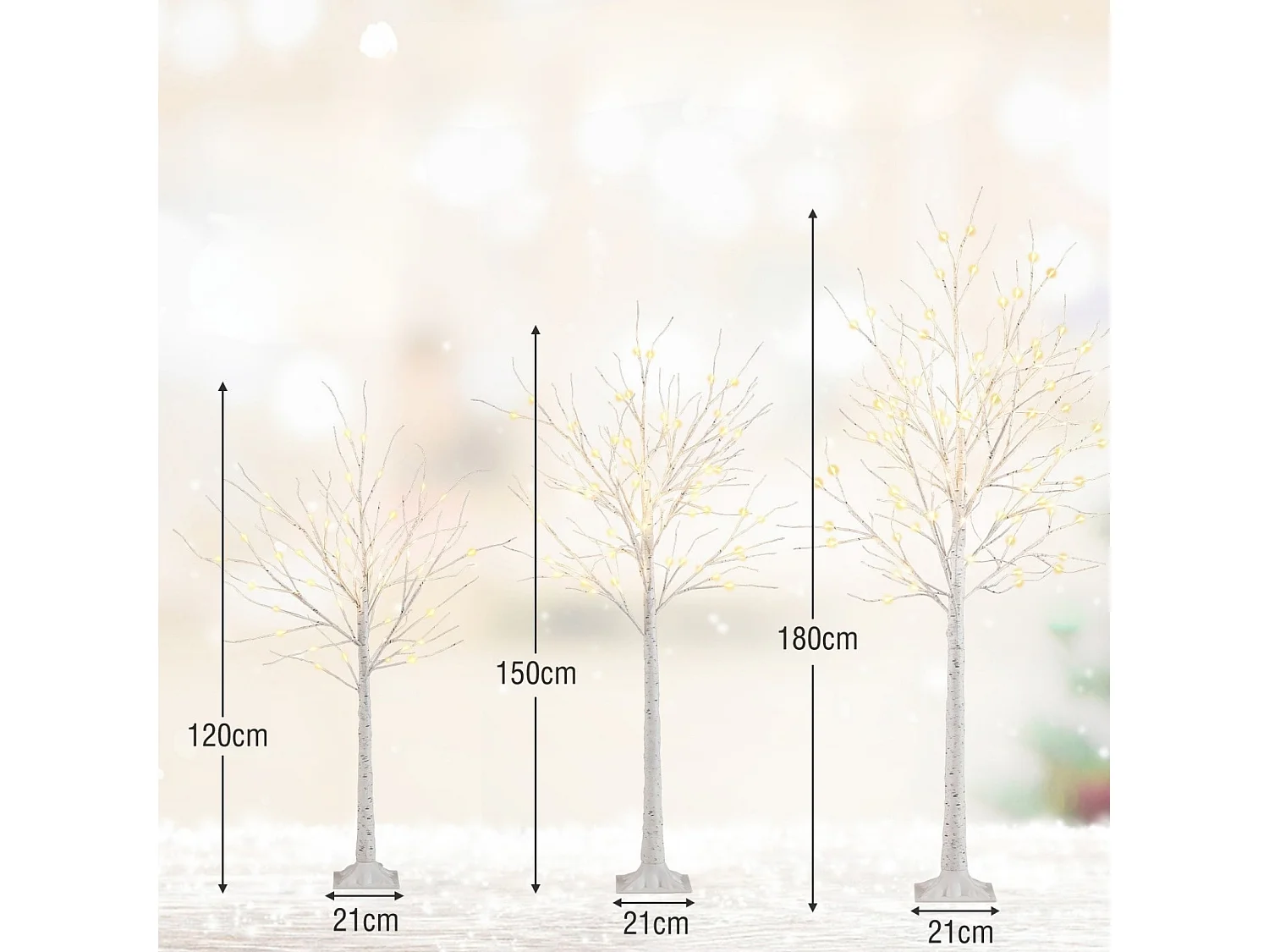 Set 3 pezzi betulla illuminata 120/150/180cm albero di Natale artificiale preilluminato bianco