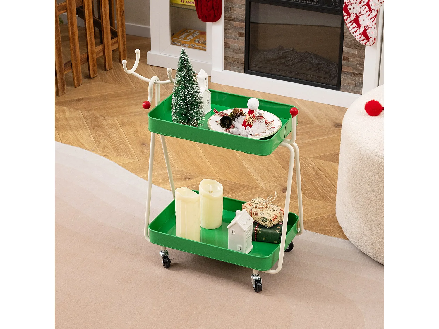 2-stöckiger Rollwagen in Rentierform Servierwagen Küchewagen  für Weihnachten Grün