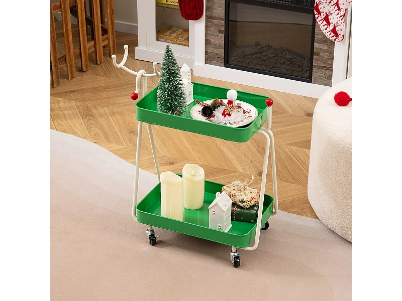 Chariot à roulettes 2 étages en forme de rennes Chariot de service Chariot de cuisine pour Noël Vert