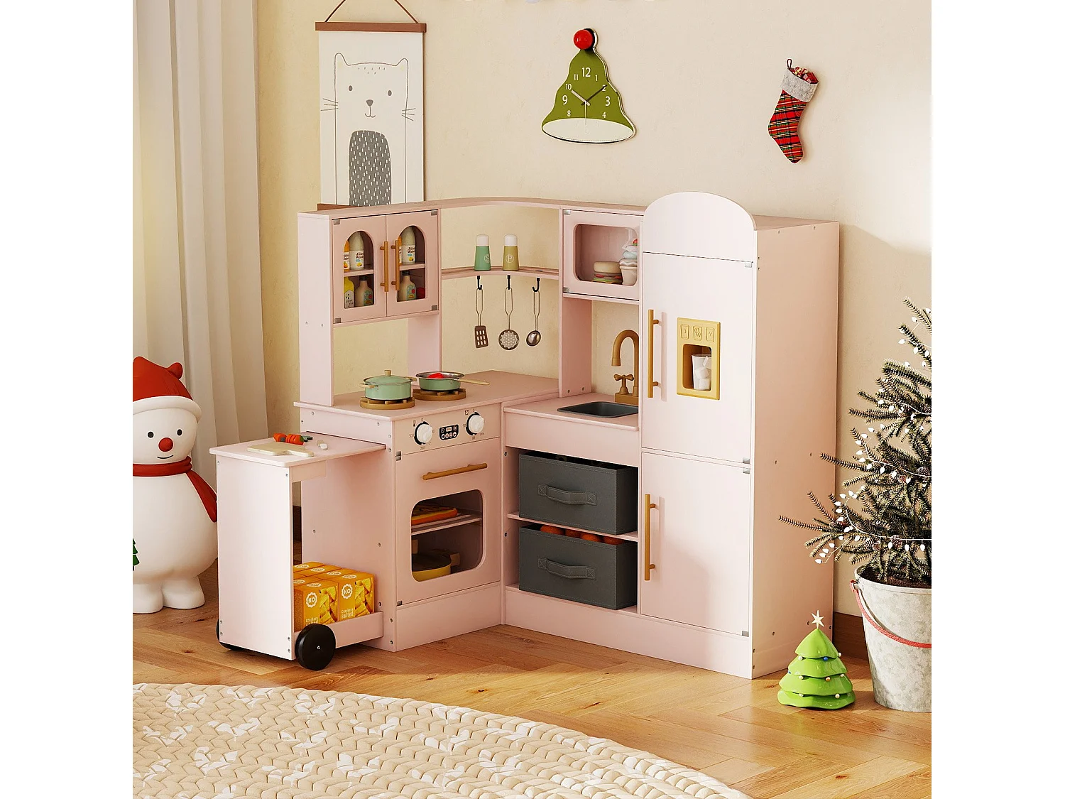 Cucina ad angolo con luci e suoni Set da gioco in legno con piano di lavoro estraibile Lavello Fornello Forno Frigorifero Rosa